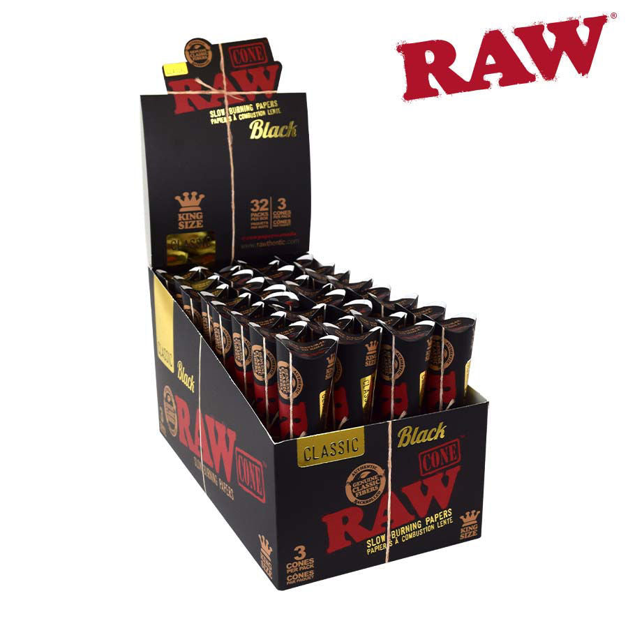 Raw Classic Black Pre- Rolled Cones King Size, Pack/3 - Box/32