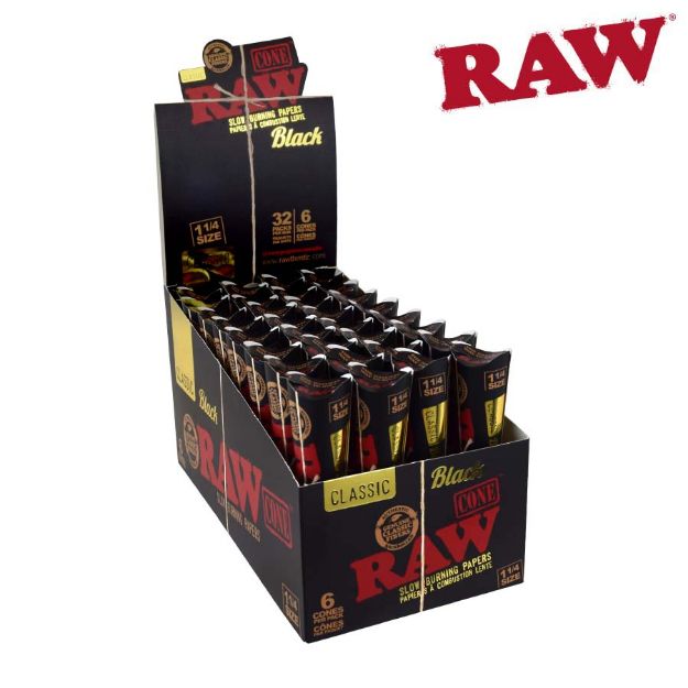 Raw Black Pre-Rolled Cones 1 1/4 Size, Pack/6 - Box/32