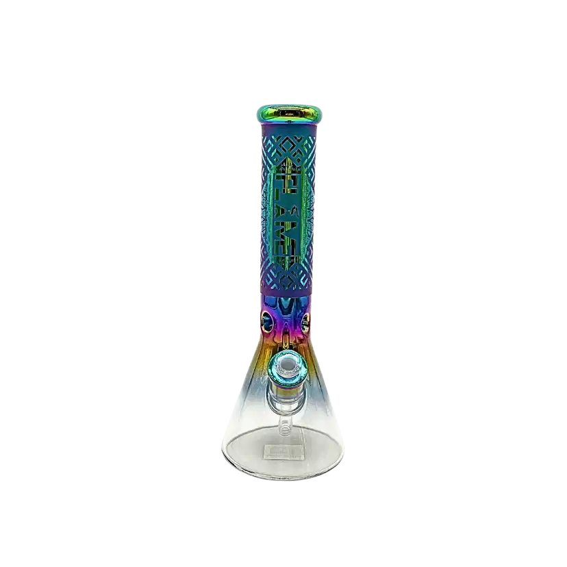 CB-1816 = 14” Metallic Rainbow Beaker Bong with Sand Blasted Grip