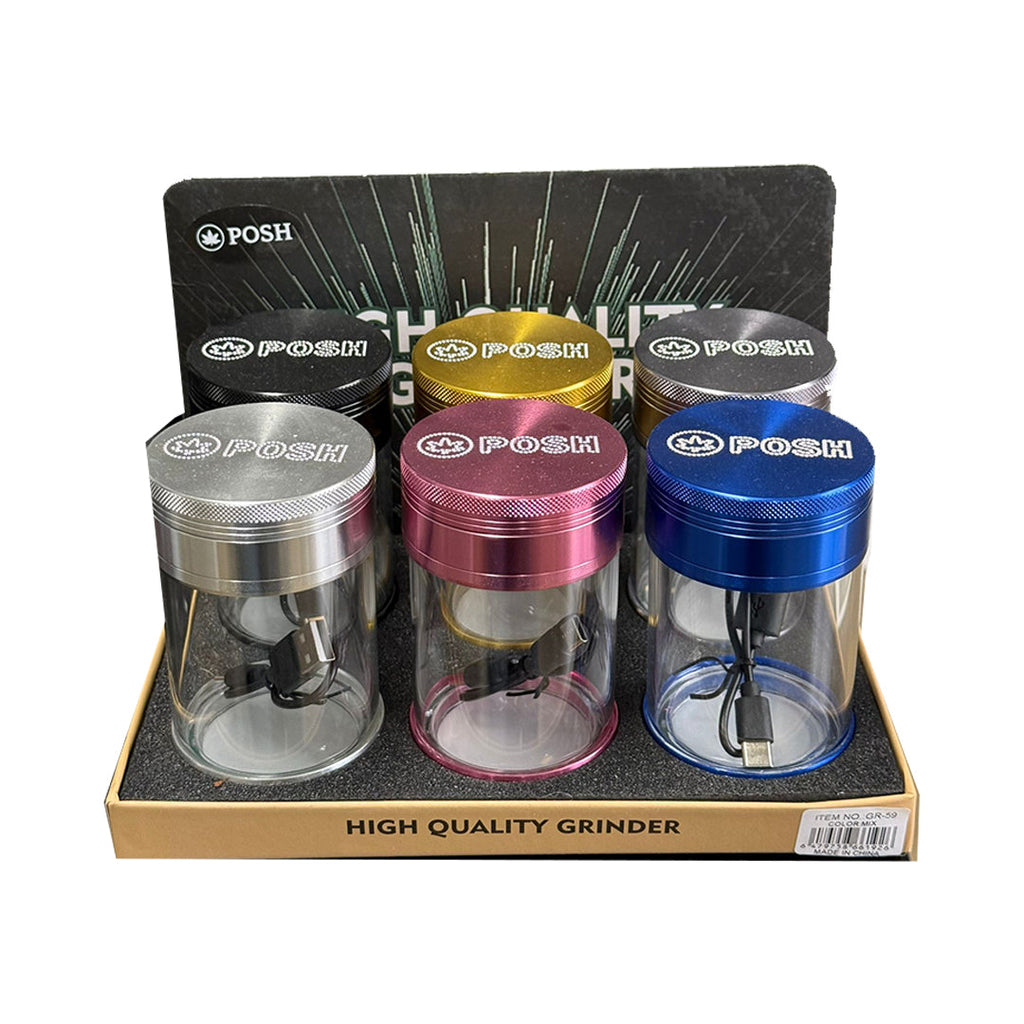 POSH LED Herb Grinder With Transparent Storage Jar - 6/Display [ GR 59 ]